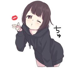 Rule 34 | 1girl, black hoodie, blowing kiss, hood, hoodie, nanase kurumi (menhera-chan), one eye closed, pomu (joynet), solo