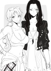 Rule 34 | 2girls, bare shoulders, black hair, black jacket, braid, breasts, casual, cleavage, collarbone, cowboy shot, dress, earrings, eyewear on head, forehead, greyscale, hand on own hip, jacket, jewelry, joman, large breasts, long hair, looking at viewer, military, military vehicle, monochrome, motor vehicle, multiple girls, nami (one piece), navel, nico robin, one piece, smile, split mouth, tank, white background