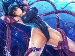 Rule 34 | 1girl, bare legs, bare shoulders, barefoot, bdsm, blue hair, bondage, bound, breasts, bubble, cameltoe, cleft of venus, closed mouth, competition swimsuit, covered erect nipples, covered navel, creature, curvy, female focus, fingernails, game cg, green eyes, head, igawa asagi, kagami hirotaka, ladder, large breasts, lilith-soft, long hair, looking at viewer, official art, one-piece swimsuit, parted lips, partially visible vulva, pool, restrained, school, shiny skin, smile, solo, spread legs, swimsuit, taimanin (series), taimanin asagi, taimanin asagi zero, tentacles, thighs, underwater, water, wet, wet clothes, wrapped