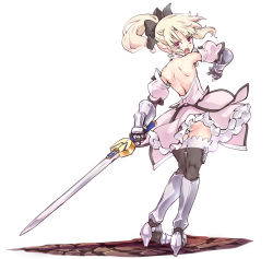 Rule 34 | 1girl, :o, armored boots, artoria pendragon (all), artoria pendragon (fate), ass, bare back, black ribbon, black thighhighs, blonde hair, boots, commentary request, cosplay, detached sleeves, dress, excalibur (fate/stay night), eyes visible through hair, fate/kaleid liner prisma illya, fate (series), from behind, full body, gauntlets, hair ribbon, highres, holding, holding sword, holding weapon, illyasviel von einzbern, long hair, looking at viewer, looking back, panties, pantyshot, ponytail, puffy detached sleeves, puffy sleeves, red eyes, ribbon, saber lily, saber lily (cosplay), shoulder blades, simple background, solo, suzuki24, sword, thighhighs, underwear, v-shaped eyebrows, weapon, white background, white panties