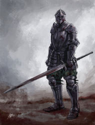 Rule 34 | 1other, ambiguous gender, armor, azure meraki, blood, blood on clothes, bloody weapon, breastplate, chainmail, facing viewer, faulds, full armor, gauntlets, greaves, green pants, helmet, highres, holding, holding sword, holding weapon, armored boots, original, pants, pauldrons, shoulder armor, signature, solo, sword, weapon, zweihander