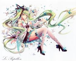 Rule 34 | 1girl, :/, absurdres, bare shoulders, bow, breasts, bug, butterfly, cleavage, detached sleeves, earrings, female focus, fingernails, full body, garter straps, green eyes, green hair, hair ribbon, hatsune miku, high heels, highres, insect, jewelry, long hair, long legs, looking at viewer, matching hair/eyes, nail polish, navel, ribbon, solo, thighhighs, tidsean, twintails, very long hair, vocaloid, white background, white thighhighs, zettai ryouiki