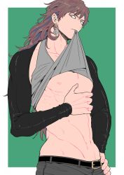 Rule 34 | 10s, 1boy, abs, brown hair, clothes lift, earrings, flat color, granblue fantasy, jewelry, looking at viewer, male focus, muscular, navel, netsuawarupiri, nipples, shirt lift, solo, tagme, u (lastcrime)