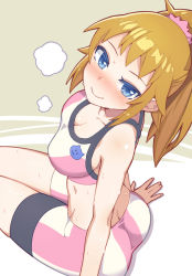 Rule 34 | 10s, 1girl, arm support, ass, bare shoulders, bike shorts, blue eyes, blush, breasts, brown hair, butt crack, cleavage, colored eyelashes, full-face blush, gundam, gundam build fighters, gundam build fighters try, heart, heart-shaped pupils, hoshino fumina, kibamigohann, large breasts, long hair, looking at viewer, midriff, ponytail, scrunchie, shiny skin, short hair, simple background, sitting, skindentation, smile, solo, sports bra, sweat, symbol-shaped pupils, two-tone sports bra