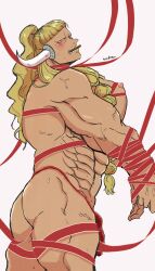 Rule 34 | 1boy, absurdres, ass, bara, blonde hair, blush, bound, bound arms, braid, cowboy shot, curled horns, from side, head tilt, highres, horns, jack (one piece), large pectorals, long hair, looking at viewer, looking to the side, male focus, mouth hold, muscular, muscular male, naked ribbon, obliques, one piece, pectorals, ponytail, puffy chest, red ribbon, ribbon, solo, wodon (neotidon)