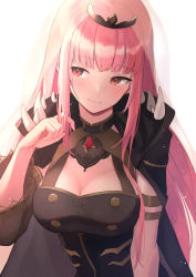 Rule 34 | 1girl, blush, breasts, cleavage, closed mouth, twirling hair, hand up, highres, hololive, hololive english, large breasts, light particles, long hair, looking away, looking to the side, mori calliope, pink hair, red eyes, shoulder spikes, simple background, smile, solo, spikes, straight hair, tiara, veil, very long hair, virtual youtuber, white background, yudetama