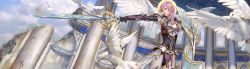 Rule 34 | 10s, 1girl, armor, baimon, bird, dove, feathers, final fantasy, final fantasy xiii, highres, lightning farron, lightning returns: final fantasy xiii, long image, pink hair, pteruges, ruins, shield, sword, wallpaper, weapon, wide image