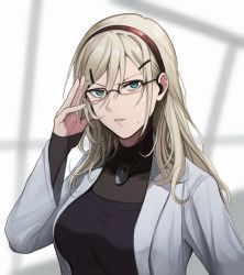 Rule 34 | 1girl, absurdres, adjusting eyewear, black bodysuit, black shirt, blonde hair, blue eyes, bodysuit, breasts, closed mouth, eyepiece, girls&#039; frontline, glasses, hair between eyes, hair ornament, hairband, hairclip, hairpin, hand in own hair, hand on eyewear, highres, lips, long hair, long sleeves, looking at viewer, medium breasts, mole, mole under mouth, open clothes, open robe, parted lips, red hairband, robe, shaw (girls&#039; frontline), shirt, simple background, solo, unbuttoned, unbuttoned shirt, upper body, white robe, yotsuyama (yomo8ama)
