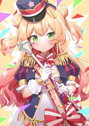 Rule 34 | 100ton250, 1girl, blonde hair, blue hat, blue jacket, blush, bow, bowtie, double bun, epaulettes, facial mark, gloves, gradient hair, green eyes, hair bun, hat, highres, hololive, jacket, long hair, looking at viewer, marching band, marching band baton, momosuzu nene, multicolored hair, official alternate costume, open mouth, pink hair, puffy short sleeves, puffy sleeves, red bow, red bowtie, shako cap, shirt, short sleeves, solo, two side up, virtual youtuber, white gloves, white shirt
