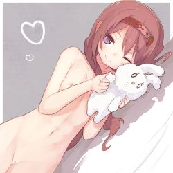 Rule 34 | 1girl, breasts, brown hair, casual nudity, cleft of venus, cookie (touhou), food-themed hair ornament, food themed hair ornament, hair ornament, hairband, holding, ichigo (cookie), long hair, lying, miyako (naotsugu), nipples, nude, on side, one eye closed, purple eyes, pussy, small breasts, solo, strawberry hair ornament, stuffed animal, stuffed rabbit, stuffed toy, uncensored