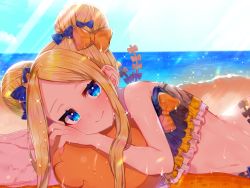Rule 34 | 1girl, abigail williams (emerald float) (fate), abigail williams (fate), akirannu, bare shoulders, beach, bikini, black bikini, black bow, blonde hair, blue eyes, blue sky, blush, bow, breasts, closed mouth, double bun, emerald float, fate/grand order, fate (series), forehead, frilled bikini, frills, hair bow, hair bun, long hair, looking at viewer, lying, multiple hair bows, navel, ocean, official alternate costume, on stomach, orange bow, parted bangs, sidelocks, sky, small breasts, smile, sparkle, swimsuit, wet