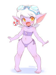 Rule 34 | 1girl, :d, artist name, bikini, blush, colored skin, commentary, flat chest, full body, goggles, goggles on head, highres, league of legends, nestkeeper, open mouth, pointy ears, purple bikini, purple skin, short hair, side-tie bikini bottom, smile, solo, standing, swimsuit, torn clothes, tristana, yellow eyes