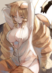 Rule 34 | 1girl, animal ears, arknights, arms up, blonde hair, breasts, cleavage, dress shirt, drill hair, closed eyes, highres, large breasts, long hair, long sleeves, no bra, ryuuji teitoku, shirt, sketch, solo, stretching, swire (arknights), tail, tiger ears, tiger girl, tiger tail, twin drills, v-shaped eyebrows, very long hair, white shirt