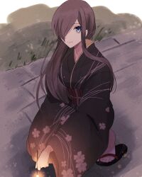 Rule 34 | 1girl, alternate costume, aomattya, blue eyes, brown hair, brown kimono, closed mouth, commentary request, fireworks, floral print, full body, hair over one eye, hair over shoulder, highres, holding fireworks, japanese clothes, kimono, light smile, long hair, long sleeves, looking at viewer, obi, one eye covered, outdoors, print kimono, sandals, sash, sidelocks, solo, sparkler, squatting, swept bangs, tales of (series), tales of the abyss, tear grants, wide sleeves, zouri