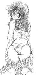 Rule 34 | ass, blush, from behind, higurashi kagome, inuyasha, lace, lace-trimmed panties, lace trim, looking at viewer, looking back, monochrome, panties, sketch, skirt, underwear, undressing