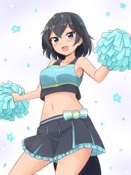 Rule 34 | 1girl, :d, absurdres, alternate costume, bird tail, bird wings, black hair, black skirt, black wings, blush, bow, breasts, cheering, cheerleader, commentary, crop top, feathered wings, frilled skirt, frills, grey eyes, hair between eyes, head wings, highres, kemono friends, kemono friends 3, looking at viewer, medium breasts, midriff, navel, open mouth, pleated skirt, pom pom (cheerleading), shiraha maru, shirt, short hair, simple background, skirt, smile, solo, star (symbol), superb bird-of-paradise (kemono friends), tail, thighs, twitter username, white background, wings