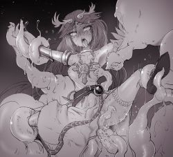 Rule 34 | 1girl, ahegao, dress, greyscale, highres, kid icarus, long hair, monochrome, monster, nintendo, open mouth, palutena, restrained, rolling eyes, sakifox, spread legs, tentacles, thighhighs, tongue, tongue out, wet