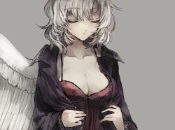 Rule 34 | 1girl, bad id, bad twitter id, breasts, cleavage, closed eyes, collarbone, feathered wings, grey hair, hisona (suaritesumi), kishin sagume, large breasts, lingerie, long sleeves, negligee, open clothes, open shirt, purple shirt, shirt, short hair, simple background, single wing, solo, touhou, underwear, upper body, white wings, wings