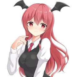 Rule 34 | 1girl, bat wings, blush, breasts, dress shirt, hair between eyes, head wings, highres, juliet sleeves, koakuma, kurumi lm, light smile, long hair, long sleeves, looking at viewer, medium breasts, puffy sleeves, red eyes, red hair, red neckwear, shirt, simple background, solo, taut clothes, taut vest, touhou, upper body, very long hair, vest, white background, white shirt, wings