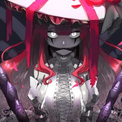 Rule 34 | 1girl, breasts, colored skin, detached sleeves, baobhan sith (fate), baobhan sith (third ascension) (fate), fangs, fate/grand order, fate (series), gagged, glowing, glowing eyes, grey skin, hat, long hair, medium breasts, red hair, saigokukun, solo, white eyes