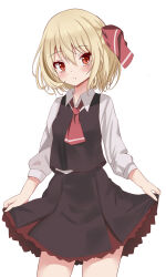 Rule 34 | 1girl, ascot, atory, black skirt, black vest, blonde hair, closed mouth, collared shirt, commentary request, hair ribbon, highres, long sleeves, looking at viewer, red ascot, red eyes, red ribbon, ribbon, rumia, shirt, simple background, skirt, solo, standing, touhou, vest, white background, white shirt