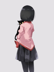 Rule 34 | 1girl, animal, black cat, black hair, black skirt, cat, cowboy shot, facing away, from behind, grey background, hammer (sunset beach), holding, holding animal, holding cat, long sleeves, looking at viewer, monogatari (series), oshino ougi, pantyhose, pink shirt, pleated skirt, shirt, short hair, simple background, skirt, sleeves past wrists, solo, standing, thighhighs