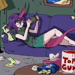 Rule 34 | 1girl, annoyed, barefoot, clothes writing, couch, green shirt, green shorts, handheld game console, horns, kinoglossia, living room, lowres, on couch, playstation portable, purple hair, red eyes, shirt, short sleeves, shorts, single horn, solo, tail, tenkajin chiyari, touhou, unfinished dream of all living ghost
