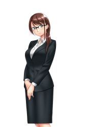 Rule 34 | 1girl, black skirt, blue eyes, blush, breasts, brown hair, buttons, closed mouth, formal, game cg, glasses, hyoui kanojo: tsukikano, large breasts, legs, legs together, long hair, looking at viewer, nana g, original, own hands together, seguchi akiko, skirt, solo, suit, thighs, transparent background