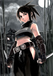 Rule 34 | 1girl, acquire, armor, ayame, ayame (tenchuu), bamboo, bamboo forest, bare shoulders, belt, black hair, blade, forest, from software, hip vent, kodachi, midriff, nature, night, ninja, reverse grip, short sword, sleeveless, solo, sword, tenchu, tenchuu, weapon