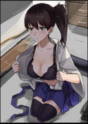 Rule 34 | 10s, 1girl, black bra, black thighhighs, bra, breasts, brown eyes, brown hair, cleavage, collarbone, highres, japanese clothes, kaga (kancolle), kantai collection, kneeling, kusanagi kaoru, large breasts, partially undressed, personification, pleated skirt, side ponytail, skirt, solo, thighhighs, underwear, zettai ryouiki