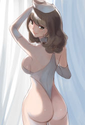 Rule 34 | 1girl, arm up, ass, bare shoulders, breasts, brown eyes, brown hair, closed mouth, commentary request, curly hair, curtains, dytm, elbow gloves, gloves, hat, highleg, highleg leotard, highres, indoors, large breasts, leotard, looking at viewer, looking back, nurse, nurse cap, original, shiny skin, smile, solo, standing, thong, thong leotard, white gloves, white leotard
