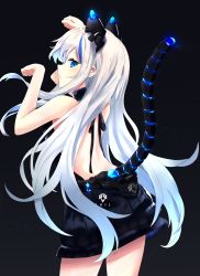 Rule 34 | 1girl, animal ears, bare back, black background, blue eyes, blush, cat ears, cat tail, chamnaitu, commentary, english text, glowing, gradient hair, highres, long hair, looking at viewer, looking back, meme attire, multicolored hair, open mouth, original, paw pose, profile, solo, standing, tail, two-tone hair, virgin killer sweater, white hair