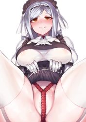Rule 34 | 1girl, absurdres, areola slip, asymmetrical bangs, bad id, bad pixiv id, black lilith, black lilith (last origin), blush, breasts, ckhd, clothes lift, gloves, grin, heart, heart-shaped pupils, highres, large breasts, last origin, lifting own clothes, long hair, looking at viewer, maid headdress, no panties, see-through, shibari, shibari under clothes, silver hair, simple background, skirt, skirt lift, smile, solo, spread legs, sweat, symbol-shaped pupils, thighhighs, white background, white gloves, white thighhighs, yellow eyes