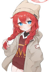 Rule 34 | 1girl, absurdres, beanie, blue archive, blue eyes, braid, brown shirt, collared shirt, cowboy shot, grey hat, grey jacket, hat, highres, jacket, long hair, long sleeves, looking at viewer, maki (blue archive), maki (camp) (blue archive), noko (nco029685627), official alternate costume, official alternate hairstyle, open clothes, open jacket, parted lips, red hair, shirt, simple background, solo, twin braids, white background, white shirt