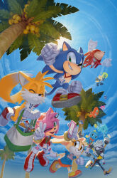 Rule 34 | 3boys, 4girls, 5others, absurdres, amy rose, animal ears, animal nose, arms up, bag, bare shoulders, black eyes, black footwear, black pants, blue fur, blue shirt, blue skin, blue sky, body fur, book, boots, bow, bowtie, bracelet, brown eyes, brown fur, cellphone, character doll, cheese (sonic), closed eyes, closed mouth, clothes writing, cloud, cloudy sky, collared shirt, colored skin, commentary, cream the rabbit, creature, crystal, day, doll, dress, english commentary, evan stanley, eyelashes, flying, fox boy, fox ears, fox tail, furry, furry female, furry male, gloves, gold bracelet, green eyes, grey fur, grey gloves, grey socks, hairband, hands up, hedgehog, hedgehog ears, hedgehog girl, hedgehog tail, highres, holding, holding bag, holding phone, jewelry, jumping, knuckles the echidna, leg up, looking at another, looking down, looking to the side, looking up, mask, multicolored footwear, multiple boys, multiple girls, multiple others, multiple tails, one eye closed, open mouth, orange bow, orange bowtie, orange footwear, orange fur, orange skirt, outdoors, palm leaf, palm tree, pants, phone, pink fur, purple eyes, rabbit ears, rabbit girl, rabbit tail, red dress, red footwear, red fur, red hairband, robot, running, shirt, shoes, short sleeves, skirt, sky, sleeveless, sleeveless dress, smartphone, smile, sneakers, socks, sonic (series), sonic the hedgehog, sonic the hedgehog (idw), sun, sunlight, t-shirt, tail, tails (sonic), tails doll, tangle the lemur, teeth, tree, two-tone fur, two tails, v, vest, walking, whisper the wolf, white gloves, wings, wolf ears, wolf girl, wolf tail, yellow footwear, yellow fur, yellow vest