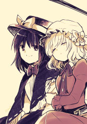 Rule 34 | 2girls, arm hug, bow, bowtie, capelet, closed eyes, collared dress, commentary, dress, eyes visible through hair, fedora, frilled sleeves, frills, hat, hat bow, head tilt, highres, long sleeves, looking at another, maribel hearn, medium hair, mob cap, monochrome, multiple girls, neckerchief, oimoto jirou, ribbon, shirt, sideways glance, sitting, sleeping, sleeping upright, smile, touhou, usami renko