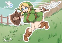 Rule 34 | 1girl, bent over, blonde hair, blue eyes, blue sky, blush, boots, breasts, brown footwear, day, dress, fairy, genderswap, genderswap (mtf), grass, green dress, green hat, hat, huge breasts, link, masked agent, navi, nintendo, open mouth, outdoors, outline, pointy ears, shield, short sleeves, sky, standing, standing on one leg, sword, the legend of zelda, the legend of zelda: ocarina of time, weapon, white outline