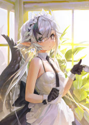 Rule 34 | 1girl, absurdres, alternate costume, apron, arknights, black dress, black gloves, black hair, black necktie, blush, breasts, brown eyes, charles (106858), crocodilian tail, cup, detached collar, dress, enmaided, eyelashes, flower, gloves, hair flower, hair ornament, highres, holding, holding cup, leaf, looking at viewer, maid, multicolored hair, necktie, pointy ears, silver hair, small breasts, solo, streaked hair, tail, tomimi (arknights), white apron, white flower, window
