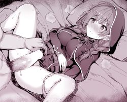 Rule 34 | 1boy, 1girl, bare legs, belt, blush, braid, breasts, capelet, censored, closed mouth, commentary request, depth measurement, erection, female pubic hair, greyscale, hair ribbon, hetero, hood, hooded capelet, imminent penetration, imminent vaginal, interstellar, kantai collection, large breasts, long hair, long sleeves, looking at another, looking at penis, lying, monochrome, nose blush, on back, panties, panties around leg, penis, penis awe, penis on pussy, pillow, pubic hair, pussy, pussy juice, ribbon, shinshuu maru (kancolle), spread legs, steam, sweat, sweatdrop, thighs, twin braids, underwear