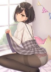 Rule 34 | &gt;:(, 1girl, ass, black hair, black pantyhose, blush, braid, brown eyes, clothes lift, commentary request, day, earrings, fine fabric emphasis, grey skirt, indoors, izumo neru, jewelry, lifted by self, long hair, looking back, miru tights, mole, mole under eye, on bed, panties, panties under pantyhose, pantyhose, parted lips, plaid, plaid skirt, ribbed sweater, short hair, sidelocks, sitting, skirt, skirt lift, solo, suspender skirt, suspenders, sweater, thighband pantyhose, underwear, wariza, white panties, white sweater, window