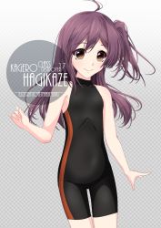 Rule 34 | 1girl, ahoge, artist name, black bodysuit, black one-piece swimsuit, black wetsuit, blush, bodysuit, brown eyes, character name, checkered background, collarbone, commentary request, cowboy shot, diving suit, eyes visible through hair, flat chest, gradient background, grey background, hagikaze (kancolle), hair between eyes, highres, inaba shiki, kantai collection, long hair, looking at viewer, multicolored clothes, multicolored swimsuit, one-hour drawing challenge, one-piece swimsuit, one side up, purple hair, simple background, smile, solo, striped clothes, striped one-piece swimsuit, swimsuit, vertical-striped clothes, vertical-striped one-piece swimsuit, wetsuit