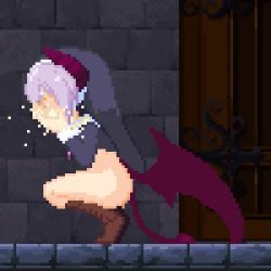 Rule 34 | 1girl, animated, boots, brown footwear, cum, cum on hands, cupping hands, demon girl, ejaculation, facial, from side, gokkun, horns, indoors, nun, own hands together, pixel art, poring (poccii890), priestess, purple hair, solo, squatting, tail, video, wings