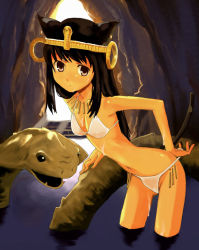 Rule 34 | 1girl, adjusting clothes, adjusting swimsuit, animal ears, arm support, bikini, black hair, breasts, cat ears, cat tail, cave, circlet, covered erect nipples, crown, egyptian, from side, hat, jewelry, leaning forward, light rays, long hair, looking at viewer, lots of jewelry, pink eyes, rato, see-through, skinny, small breasts, snake, solo, standing, string bikini, suggestive fluid, sunbeam, sunlight, swimsuit, tail, wading, water, wet, wet clothes, white bikini