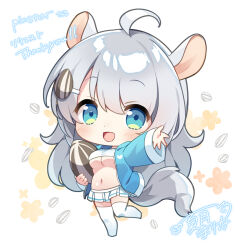 Rule 34 | 1girl, :d, ahoge, animal ears, blue eyes, blue jacket, blush, breasts, carrying, carrying under arm, chibi, cleavage, commentary request, commission, crop top, floral background, full body, grey hair, hair between eyes, hair ornament, heart, hood, hood down, hooded jacket, jacket, long hair, long sleeves, looking at viewer, medium breasts, natsuki marina, navel, no shoes, open clothes, open jacket, open mouth, original, pixiv commission, pleated skirt, seed, signature, simple background, skirt, sleeves past wrists, smile, solo, standing, standing on one leg, sunflower seed, tail, thank you, thighhighs, underboob, very long hair, white background, white skirt, white thighhighs
