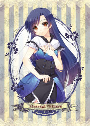 Rule 34 | 1girl, :&lt;, blue dress, blue hair, blush, brown eyes, buttons, character name, cleavage cutout, closed mouth, clothing cutout, corset, dress, female focus, flat chest, hand on own chest, head tilt, heart, idolmaster, idolmaster (classic), kisaragi chihaya, layered dress, long hair, looking at viewer, mitsumomo mamu, plant, short sleeves, solo, striped, striped background, swept bangs, tareme, vertical stripes, very long hair