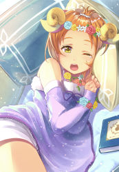 Rule 34 | 1girl, animal ears, bangs pinned back, blanket, blush, book, clenched hands, cowengium, detached sleeves, flower, flower necklace, fur trim, head wreath, highres, horns, hoshizora rin, jewelry, looking at viewer, love live!, love live! school idol festival, love live! school idol project, lying, neck ribbon, necklace, on side, one eye closed, open mouth, orange hair, own hands together, pillow, purple ribbon, ribbon, sheep ears, sheep horns, short hair, sideways, sleeves past wrists, solo, watery eyes, wrist flower, yellow eyes