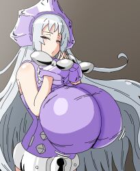 Rule 34 | bare shoulders, belt, breasts, chestnut mouth, eyelashes, gigantic breasts, grey hair, half-closed eyes, headgear, highres, iron maiden jeanne, long hair, looking at viewer, nishiki (artist), own hands together, pink eyes, purple shirt, shaman king, shirt, skin tight, taut clothes, taut shirt