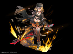 Rule 34 | 1girl, absurdres, ahoge, black hat, black jacket, black thighhighs, blonde hair, boots, breasts, brown eyes, choker, cleavage, full body, grey footwear, grin, haru estia, hat, highres, holding, holding sword, holding weapon, jacket, kyjsogom, looking at viewer, medium breasts, midriff, multiple straps, navel, open mouth, orange skirt, short hair, skirt, smile, solo, soulworker, standing, sword, thigh strap, thighhighs, torn clothes, torn jacket, watermark, weapon, wind