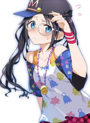Rule 34 | 1girl, armband, baseball cap, black hair, blue eyes, blush, breasts, closed mouth, collarbone, commentary request, flying sweatdrops, glasses, hair between eyes, hat, idolmaster, idolmaster shiny colors, jewelry, long hair, looking at viewer, mitsumine yuika, necklace, shirt, simple background, solo, tsuezu, white-framed eyewear, white background