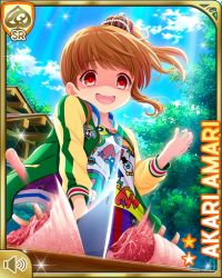 Rule 34 | 1girl, amari akari, beads, brown hair, card (medium), character name, chopping, cleaver, crown, day, evil smile, forest, girlfriend (kari), green jacket, hair beads, hair ornament, holding, jacket, looking at object, mini crown, multicolored hair, nail polish, nature, official art, open mouth, outdoors, ponytail, purple shorts, qp:flapper, red eyes, shirt, short hair, shorts, side ponytail, sidelocks, smile, socks, solo, standing, streaked hair, tagme, thighhighs, white shirt